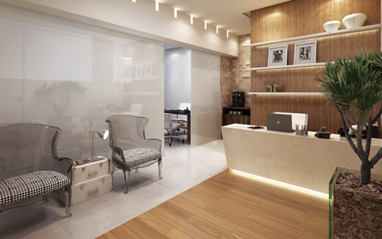 Fotografia-recepção-e-sala-de-espera-clinica-odontológica-moderna-decorada-acabamentos-em-madeira-vaso-de-planta-decorativo-poltronas-ambiente-iluminado-confortável-decorado