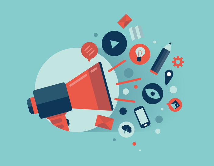 ilustração-de-megafone-com-uma-nuvem-de-ícones-de-aplicações-coloridas-no-tema mídia-Conceito-de-marketing-digital-Isolado-no-fundo-elegante-turquesa