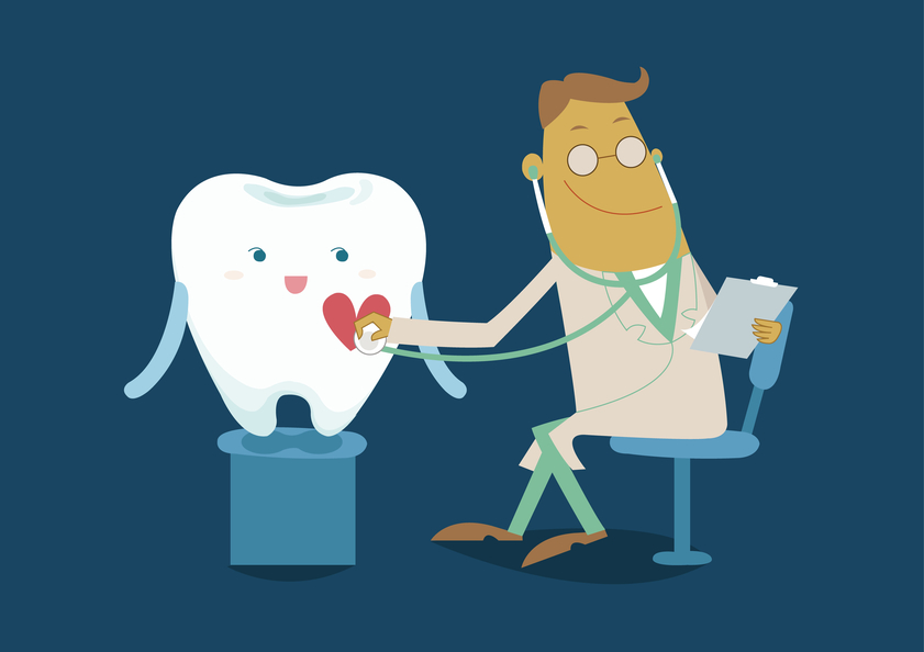 Ilustração-vetorial-do-desenho-de-um-dente-sendo-cuidado-por-um-doutor-no-fundo-azul-marinho