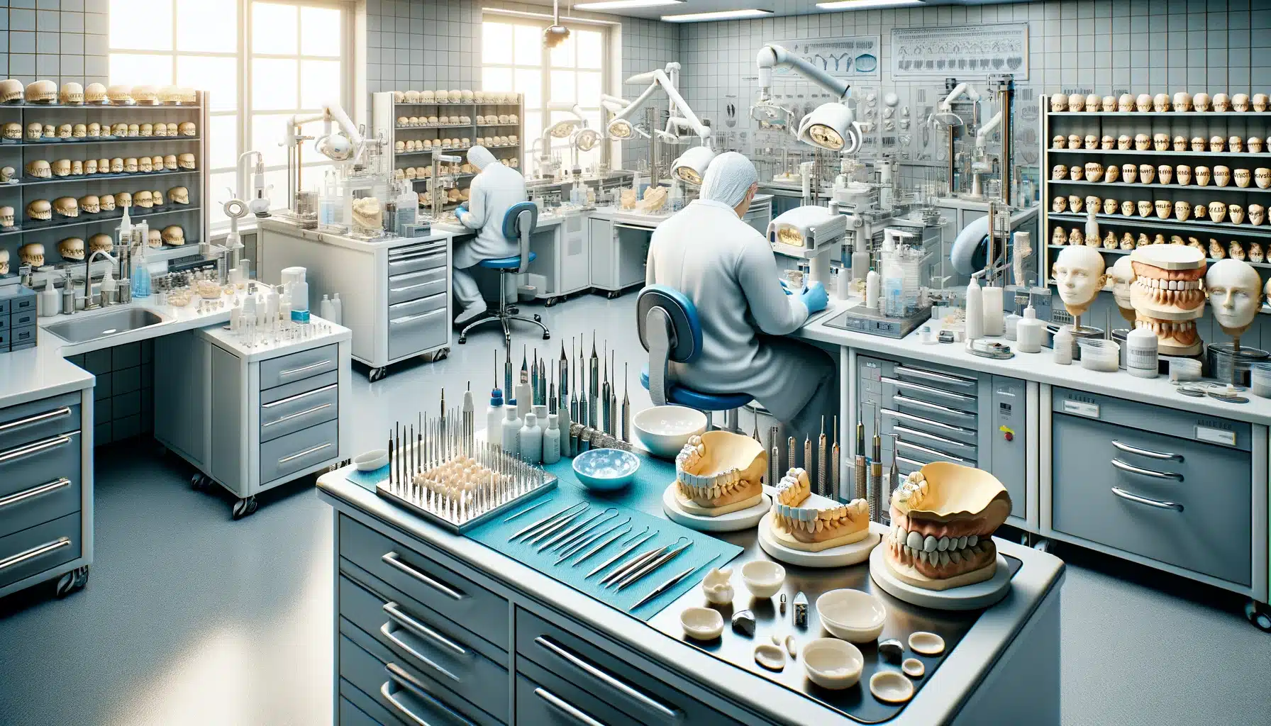 Sala de um laboratório de prótese dentária de Belo Horizonte, técnicos nas bancadas trabalhando.